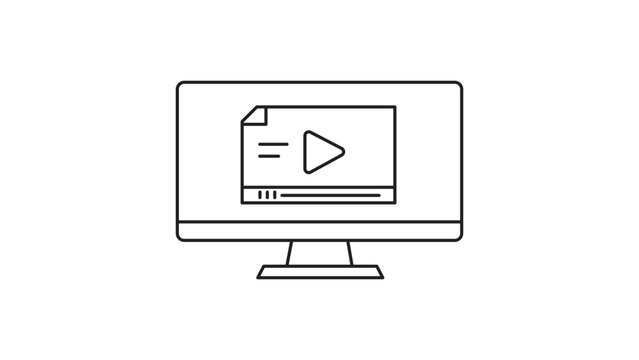 Minimalist black line vector icon illustration of a computer monitor screen displaying a video player interface with a play button, ideal for e-learning, online education, and digital media.