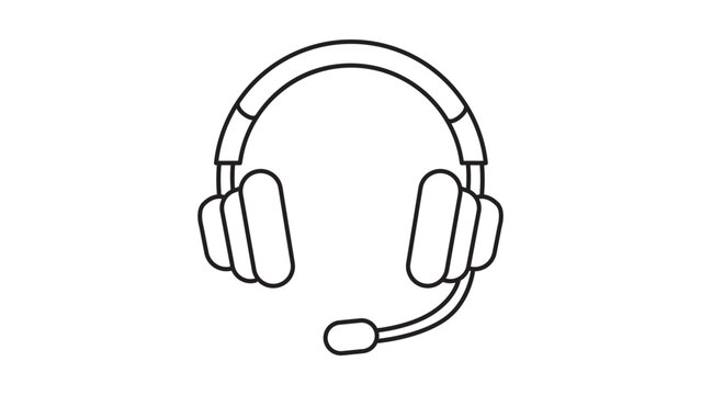 Minimalist black line vector icon illustration of a wireless headset with a microphone on a white background, representing over-ear headphones for customer support, gaming, and communication.