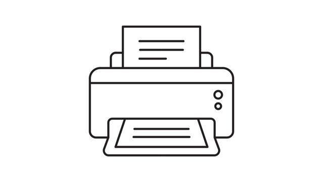 Minimalist black line vector icon of a desktop office printer on a white background. This scalable illustration represents printing documents, technology, and business equipment for modern design.