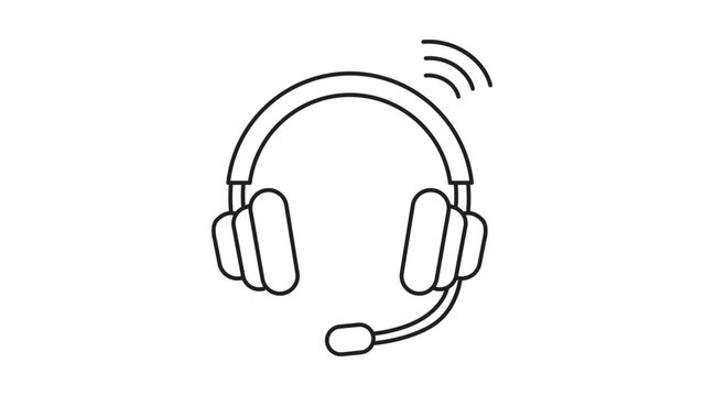 Wireless headset vector icon illustration featuring a minimalist black line design with a microphone and signal waves, perfect for customer support, gaming, and communication concepts on white.