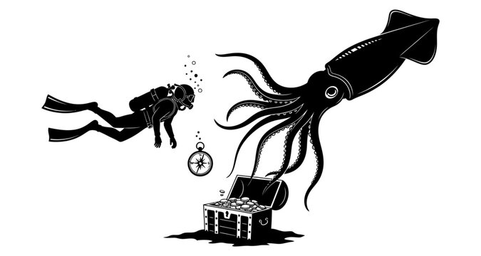 Scuba diver encounters giant squid guarding sunken treasure chest on white background
