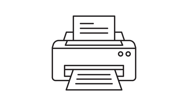 Minimalist black line vector icon of a desktop office printer with paper, isolated on a white background. Clean outline illustration for business, technology, and document management concepts.
