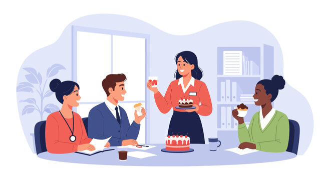 Team members celebrate a special occasion together with cake and snacks in an office setting during a workday