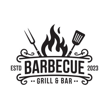 Vintage barbecue emblem featuring grilling utensils flames and established date