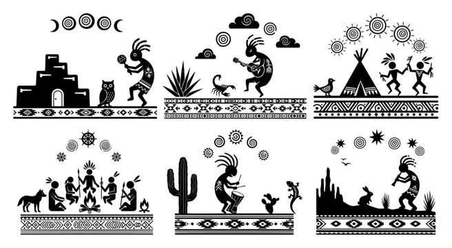 Native American tribal art set with Kokopelli figures and desert landscape silhouettes, southwestern indigenous culture vector