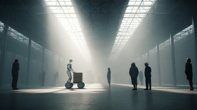 Analyzing the shift: how robotics are transforming employment landscapes. Film poster. Subtle changes in a warehouse: a robot's path to replacing jobs. Blockbuster poster. Thriller poster.