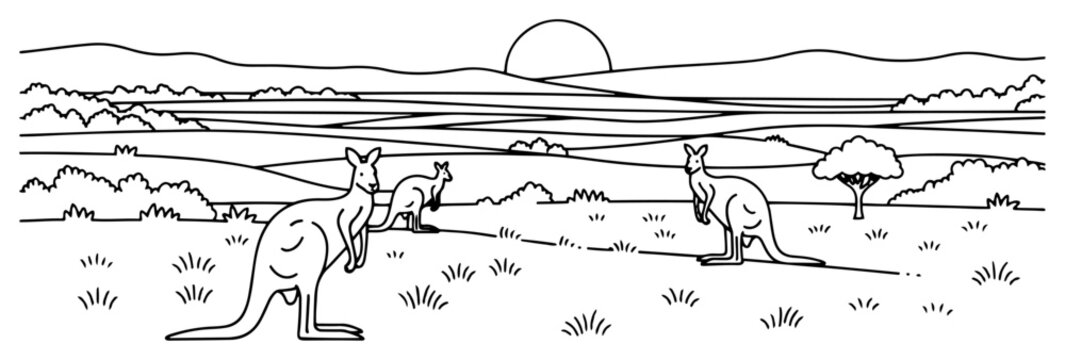 Kangaroo group in Australian outback landscape line art, nature scenery with mountains and sun vector illustration