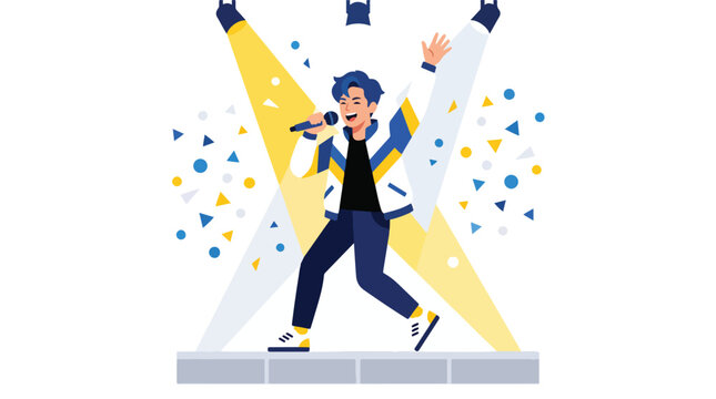 Male pop idol singing on stage with spotlights and confetti. happy boy group singer performing concert. handsome male superstar character dancing under bright theater lights.