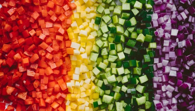 Colorful chopped vegetables arranged in rainbow stripes on a clean surface showcasing various cuts and textures in a vibrant display