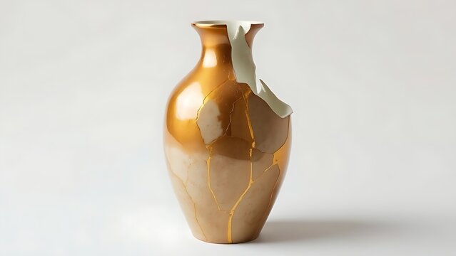 Shattered ceramic vase repaired with golden lacquer, kintsugi art on simple background.