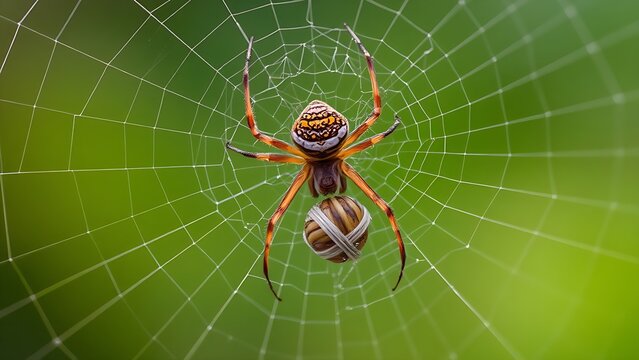 Spider at the center of its web with captured prey in the threads.