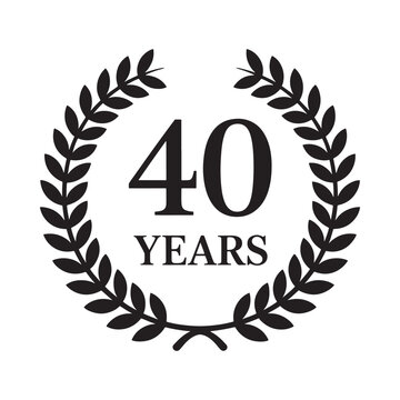 A black and white laurel wreath design celebrates forty years of service