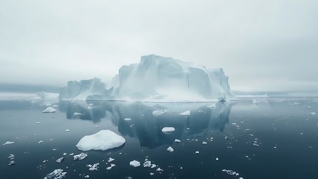 A massive iceberg floating in a calm polar sea surrounded by smaller ice pieces.