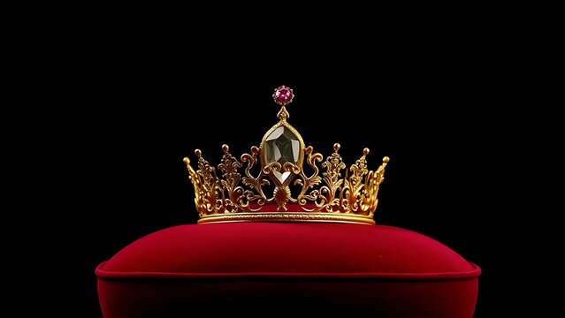A single ornate gold crown with a large gemstone on a crimson velvet cushion.