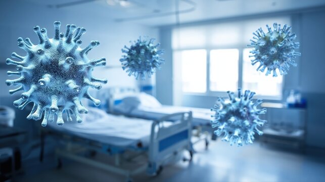 Realistic 3D virus particles hover in a sterile hospital room under cool, clinical lighting. The scientific atmosphere highlights infection risk and disease control.