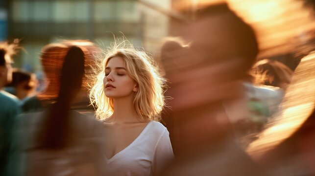 A serene woman stands still with closed eyes amid a bustling urban crowd. Soft golden evening light and blurred motion highlight the concept of mindfulness and calm.
