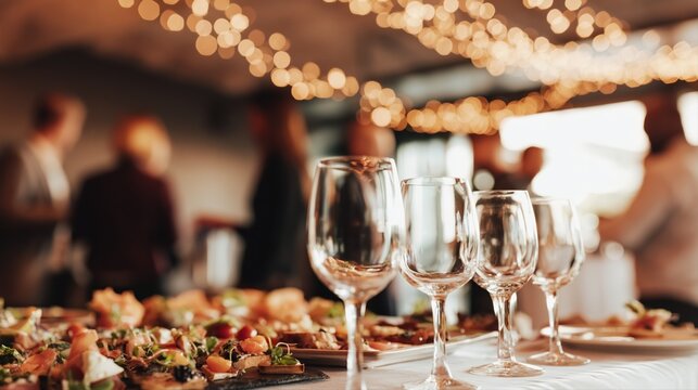 Upscale cocktail reception with gourmet finger foods and empty wine glasses in sharp focus. Warm ambient lighting and soft bokeh enhance this luxury event scene.
