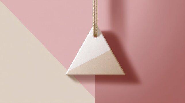 White and beige triangle tag hanging by light brown rope on diagonally split pink and beige background, soft light, mini