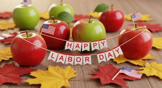 Festive labor day celebration apples fall leaves and patriotic bunting