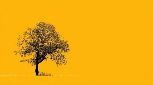 A bare black dead tree stands isolated on pure yellow background, casting intricate shadows with branches reaching right