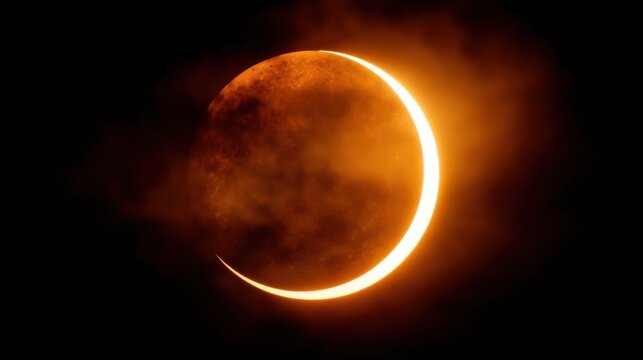 A fiery crescent moon glows in the dark sky, surrounded by misty orange clouds with radiant golden edges, creating a mys