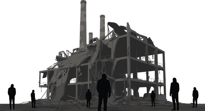 Abandoned industrial factory ruins with collapsed chimneys, human silhouettes observing destruction, grayscale illustration of decay and urban decline