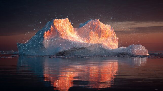 Shifting dreams: sunlit icebergs of northeast greenland. Digital intelligence. Balancing act: sunlight and melting icebergs of greenland's northeastern coast. Smart technology. Ai framework.