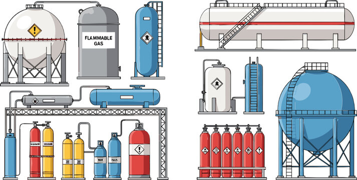 Vector Set of Industrial Gas Storage Tanks, Cylinders, and Equipment for Chemical, Safety, and Hazardous Material Themes