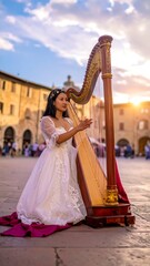 Obraz premium Woman in gown plays harp on stone square in warm sunset, buildings in background