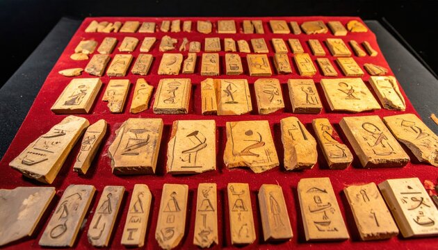 A Collection of Ancient Egyptian Ostraca Fragments Featuring Demotic Script and Hieroglyphs