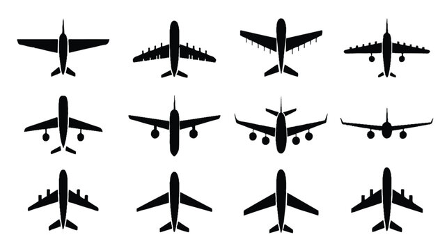 A set of black airplanes in various flying positions and angles on a white background