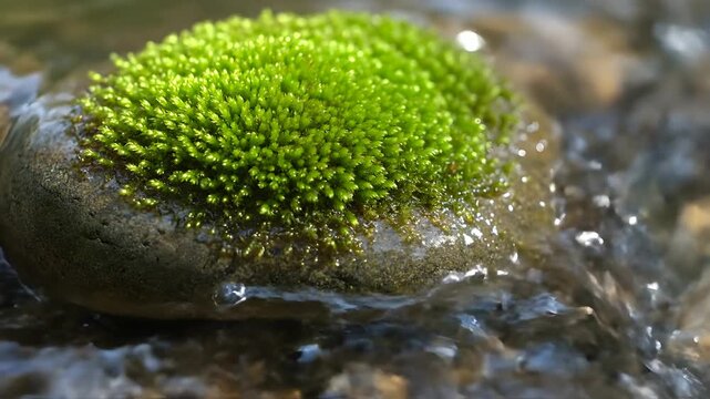 Vibrant Green Moss Thriving on a Wet Rock in Flowing Water.