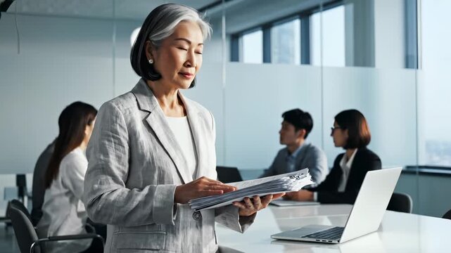 Senior businesswoman leads corporate office meeting. Senior leader holds documents in office. Businesswoman points at documents. Office team listens to senior leader. Businesswoman smiles at meeting
