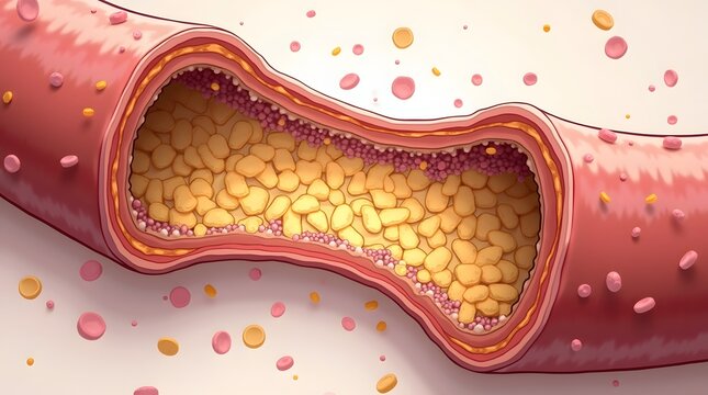 Detailed Cross Section of Blood Vessel Showing Cholesterol Buildup and Fatty Deposits