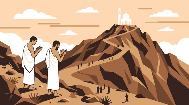 Muslim Pilgrims Praying on Mount Arafat during Hajj Pilgrimage Vector Illustration for Islamic Religious Education and Travel