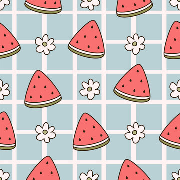 cute hand drawn cartoon watermelon slice and white daisy flowers summertime seamless vector pattern illustration on blue checkered background