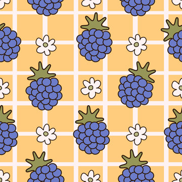 cute cartoon hand drawn blackberry and white daisy flowers seamless vector pattern illustration on yellow striped background