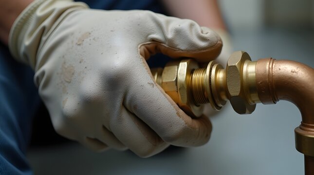 Close-Up Of A Gloved Hand Installing A Brass Pipe Fitting During Plumbing Maintenance