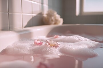 Fototapeta premium Calm home spa moment: pink water and airy bubbles in a white tub