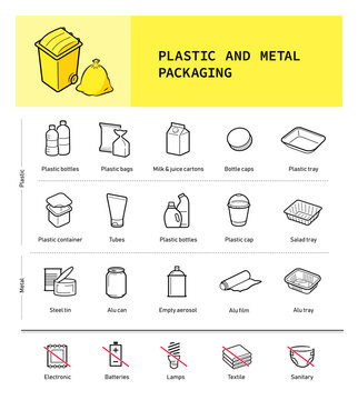 Ready sets of icons for separating plastic and metal waste. Vector elements are made with high contrast, one coloured, well suited to different scales. Ready for use in your design. EPS10.