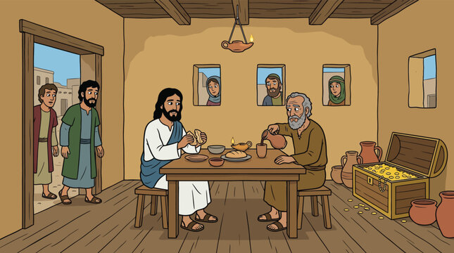 Biblical Cartoon Illustration of Jesus Christ Dining with a Tax Collector in an Ancient House with Gold Treasure Chest