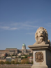 Obraz premium A lion stone statue from Budapest, with the Buda Castle in the background. Taken during a lovely spring day.