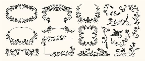 Flower frame. Ornamental floral border. Vintage art nouveau decorative flowers, leaves, branches, botanical elements for book divider, wedding invitation, event. Vector set © Foxy Fox