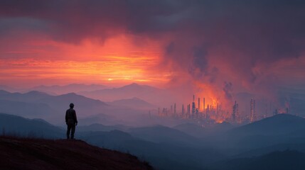 Obraz premium Witness to fiery chaos on the industrial frontline. Press photo. Observing the raging flames from an industrial plant's core. Natural mood. Magazine cover.