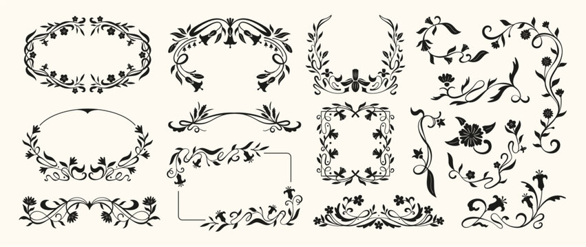 Flower frame. Ornamental floral border. Vintage art nouveau decorative flowers, leaves, branches, botanical elements for book divider, wedding invitation, event. Vector set