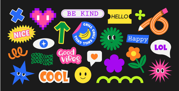 Retro funny stickers. Cartoon groovy characters. Vintage funky shapes with positive faces and emotions, cute slogans. Doodle decorative abstract kids mascot. Vector set