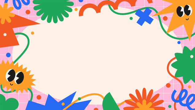 Kid frame. Children fun background. Cute childish design template with doodle funny characters, abstract shapes and elements for school diplomas, kindergarten banner. Vector concept