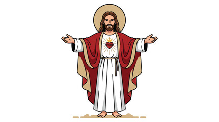 Obraz premium Sacred Heart of Jesus Christ Illustration with Open Arms and Halo Religious Vector Art for Christian Design