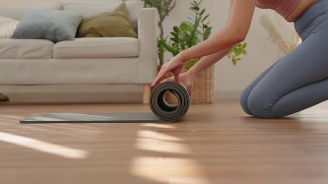 Close up of Asian woman hands rolling up yoga mat on floor