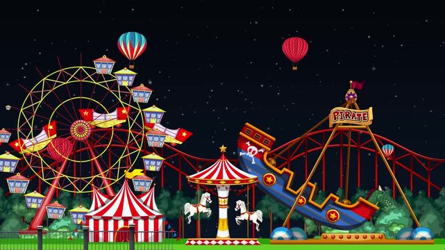 Amusement park at night with fireworks exploding a colorful display in the sky creating festive atmosphere dynamic motion footage.